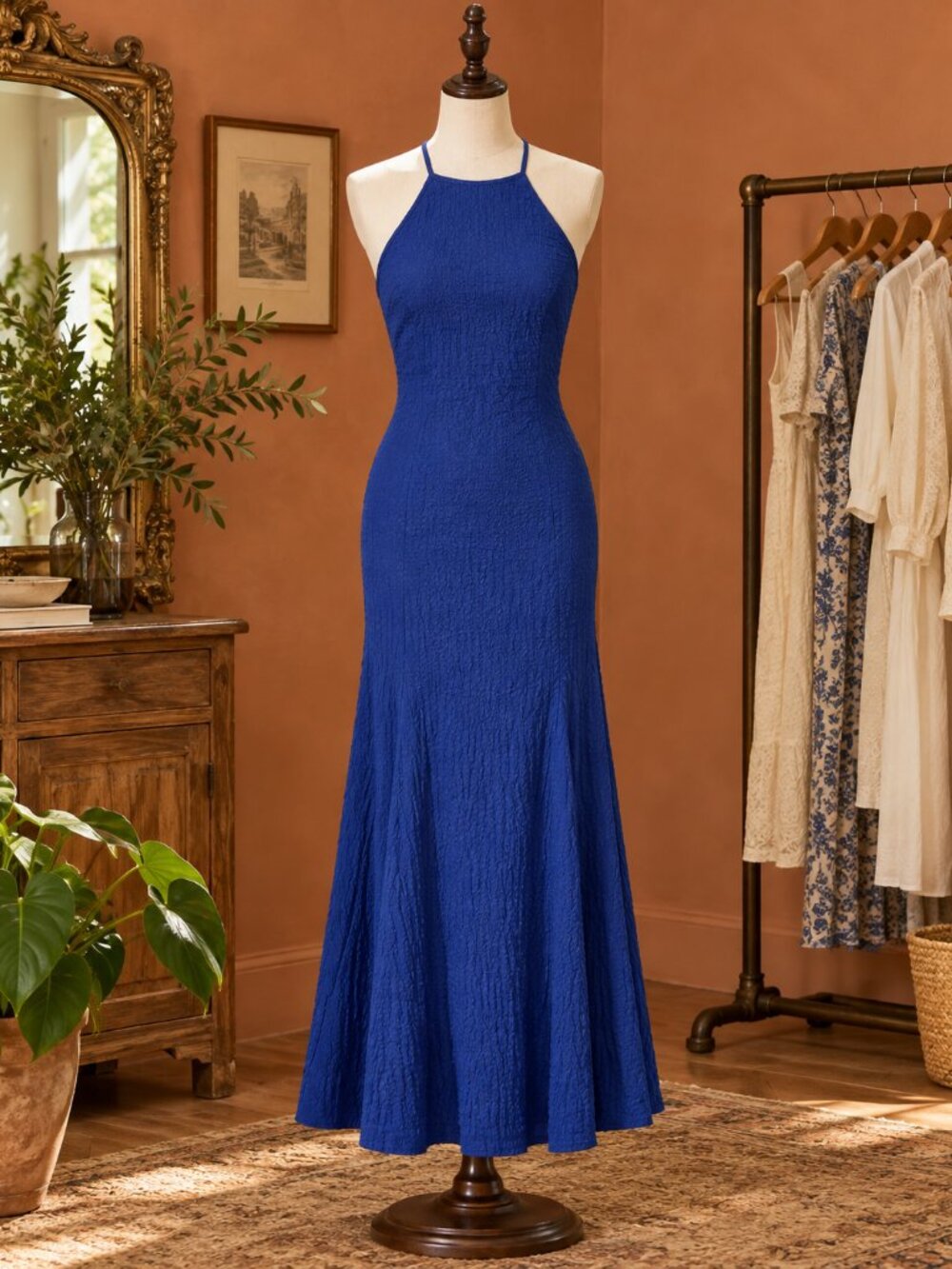 H&M Deep Blue Halter-Style Maxi Dress